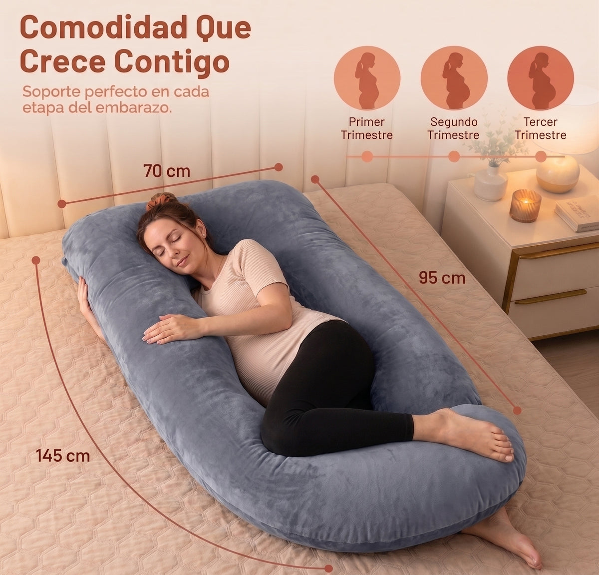 Relieva almohada materna - dimensiones 70/95/145 cm y progresión por trimestre