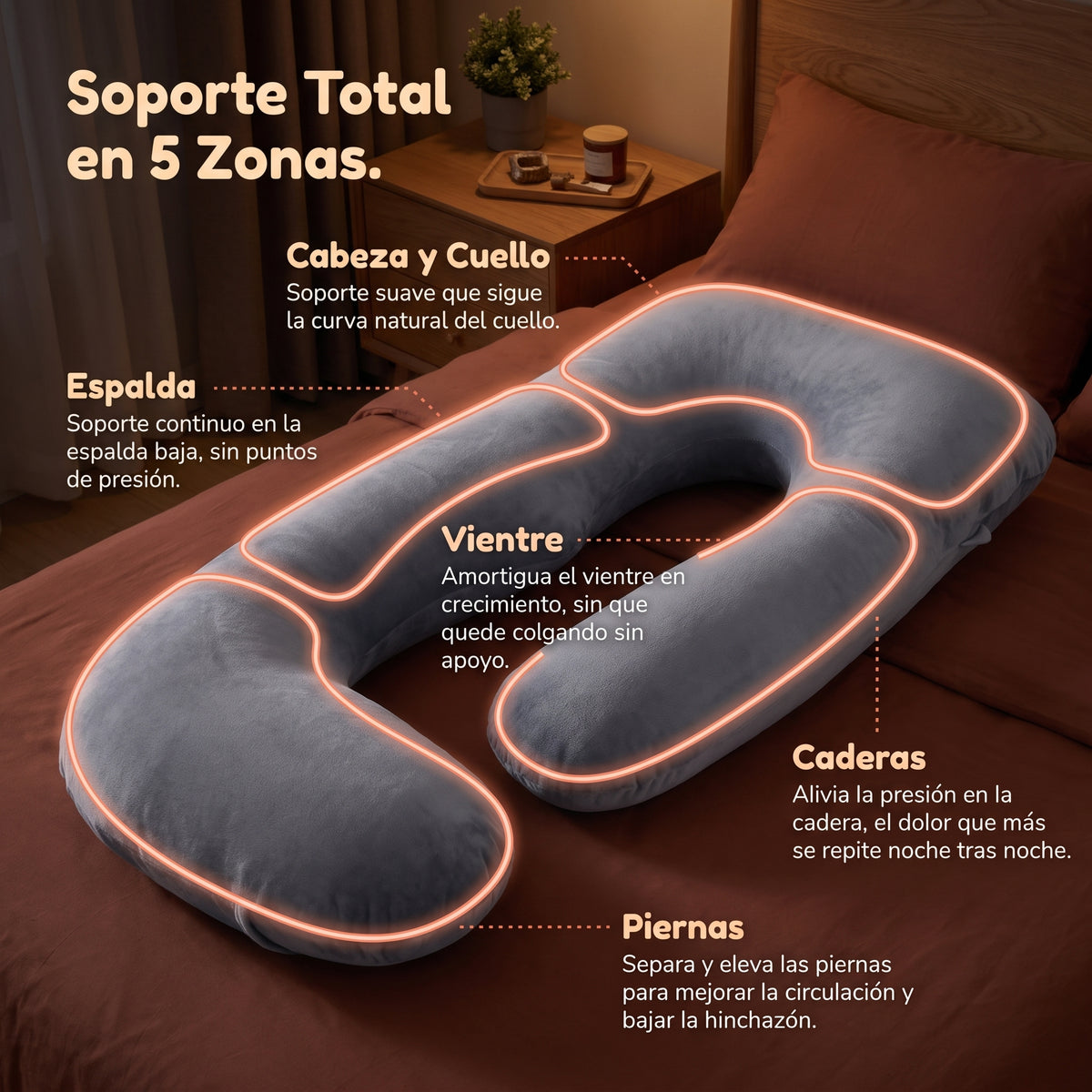 Soporte total en 5 zonas: cabeza, cuello, espalda, vientre, caderas y piernas